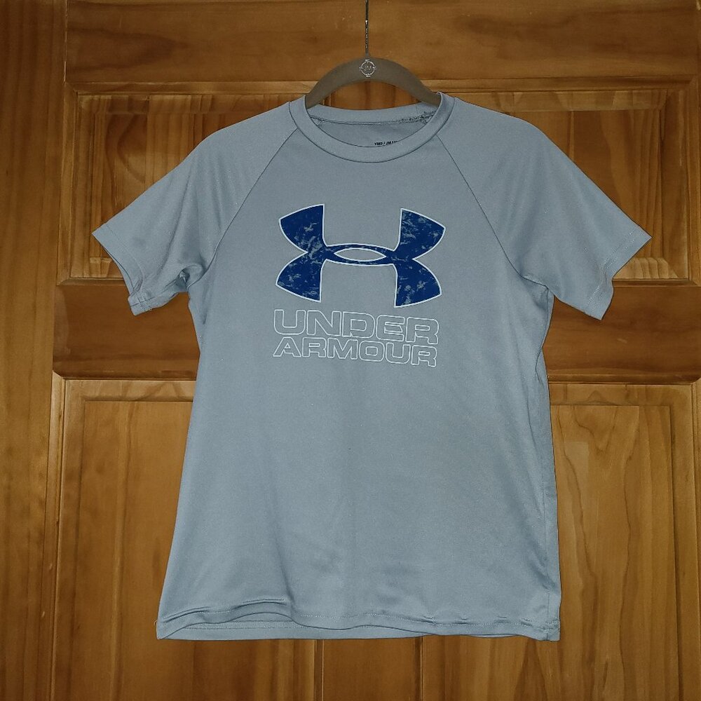 Boys Under Armour Gray/Blue Loose Heatgear Short Sleeve T Shirt